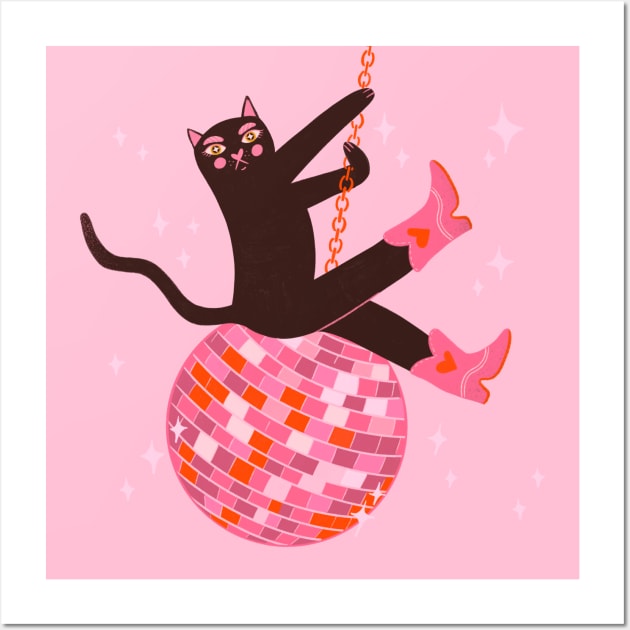Yeehaw Lets Party Cute Cat in cowboy boots riding disco ball